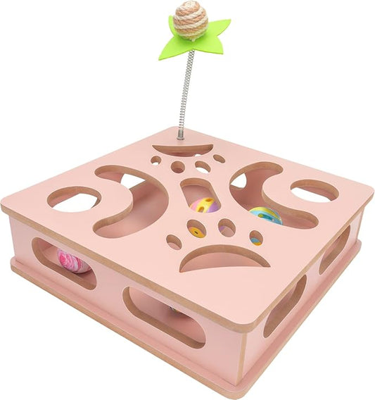 Interactive Wooden Cat Puzzle Toy Box Indoor Hunting Play Toy to Stimulate Your Cat’s Energy and Instincts (Pink)