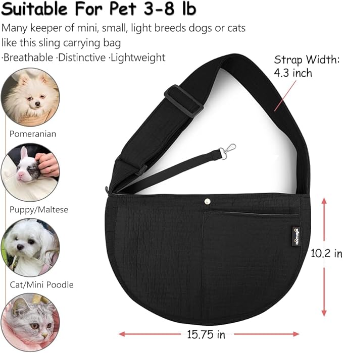 NATUYA Small Dog Carrier Sling Cat Sling-Dog Slings for Carrying Small Dogs-Adjustable Strap Hand Free Pet Puppy for Outdoor Traveling Subway (Black, Canvas-Adjustable Strap)