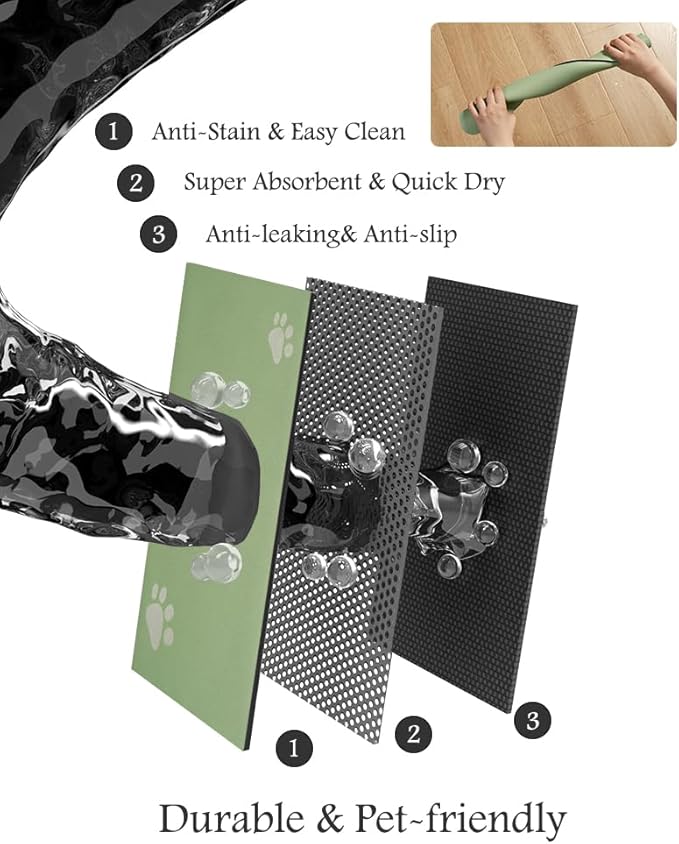 Pet Feeding Mat-Absorbent Dog Mat for Food and Water Bowl-No Stains Quick Dry Water Dispenser Mat-Dog Accessories Pet Supplies-Bowl for Messy Drinkers（Green,23"x34"