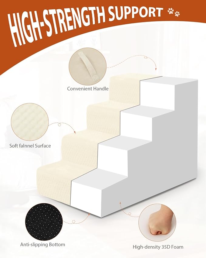 Dog Stairs for Small Dogs,17.5" H,4-Step Dog Steps for High Bed Couch and Sofa,Pet Stairs for Dogs and Cats Climbing with Non-Slip Bottom and Washable Cover,Beige