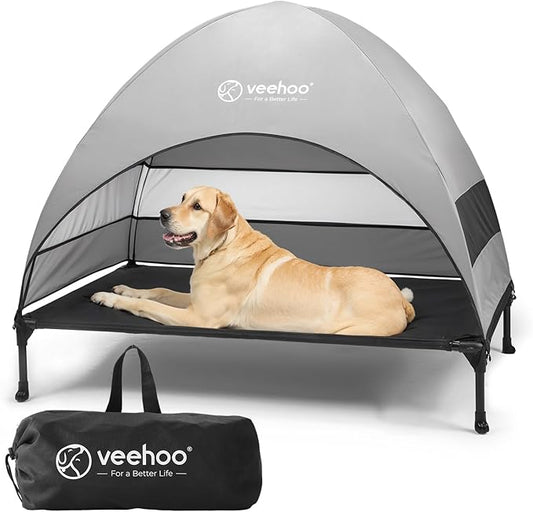 Veehoo Outdoor Dog Bed with Canopy, Cooling Elevated Pet Cot with Removable Shade, Non-Slip Feet, Raised Dog Cot for Large Dogs, Pet Tent Bed for Camping, Beach, Large, Black, CWC2411