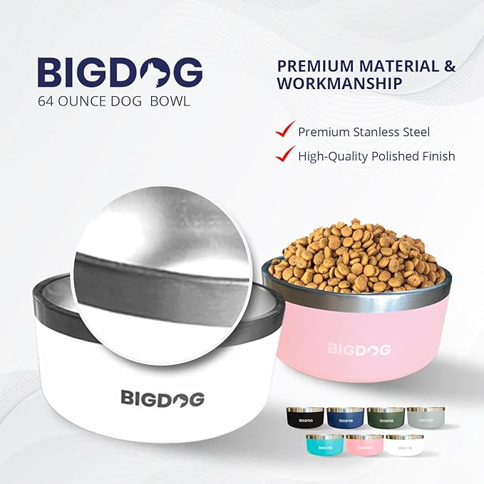 BIGDOG Large Dog Bowls, Stainless Steel Dog Food and Water Bowl, 100 Ounces, Grey