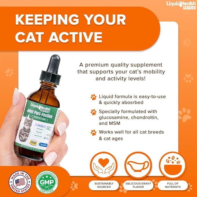 LIQUIDHEALTH Pets Liquid Cat Glucosamine Joint Purr-Fection - Hip & Joint Health Relief Support, Chondroitin Feline Droppers for Senior Older Adult Cats & Kittens - Made in The USA (3 Pack)