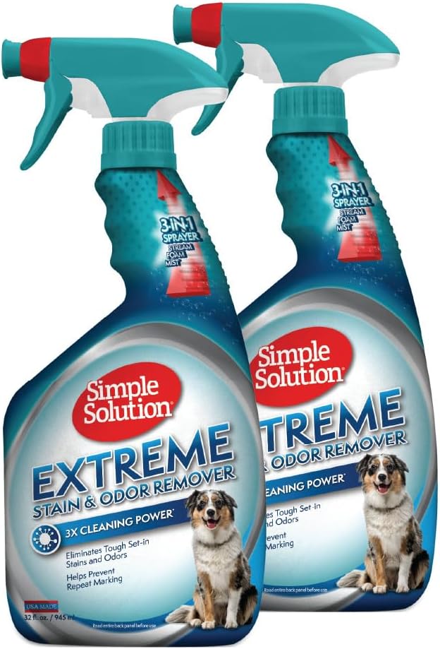 Simple Solution Extreme Pet Stain and Odor Eliminator Spray, Enzymatic Cleaner With 3X Pro-Bacteria Cleaning Power for Dogs & Cats, Strong Urine, Pee and Poop Smell Remover for Carpets & Floors, 32 oz