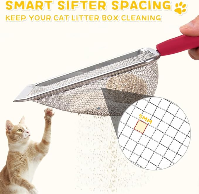 Cat Litter Scoop,Sturdy Litter Cleaner Corner Shovel,Stainless Steel Mesh Litter Shovel,Easy to Clean Reptile Terrarium Sand Waste,Beach Shovel(Red)