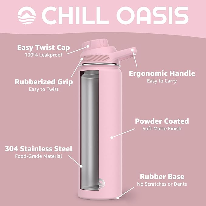 Chill Oasis Water Bottle | Compatible With Popular Flavor Cartridges | BPA Free, Leak Proof, Double-Walled Vacuum Insulated Stainless Steel, and Dishwasher Safe | Cold for 24 Hours (Pink, 22oz)