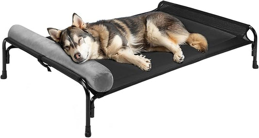Veehoo Large Elevated Dog Bed, Outdoor Raised Dog Cot Hammock Bed with One-Sided Removable Headrest Bolster, Cooling Breathable Washable Teslin Mesh, Off Ground, Anti-Slip, L, CWC2204BCP