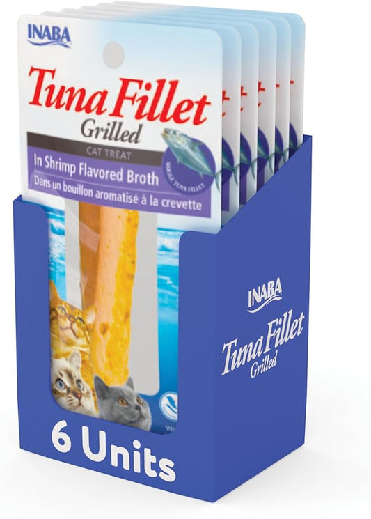 INABA Premium Hand-Cut Grilled Tuna Fillet Cat Treats/Topper with Vitamin E and Green Tea Extract, 0.52 Ounces Each, Pack of 6, Shrimp Broth