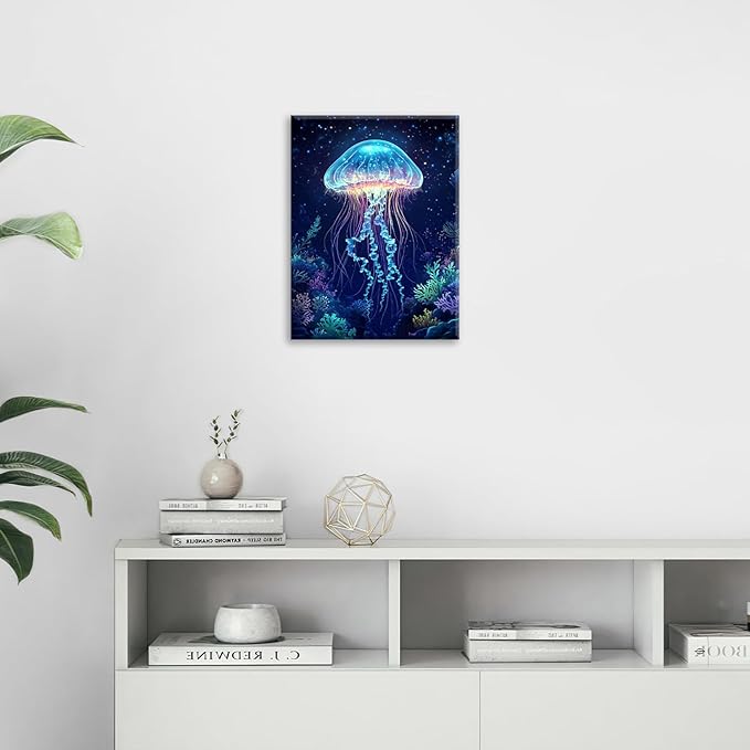 Ocean Jellyfish Wall Art Canvas Coral Fish Wall Decor Prints Framed Painting Underwater Pictures Gifts Artwork for Bathroom Living Dining 16"x20"