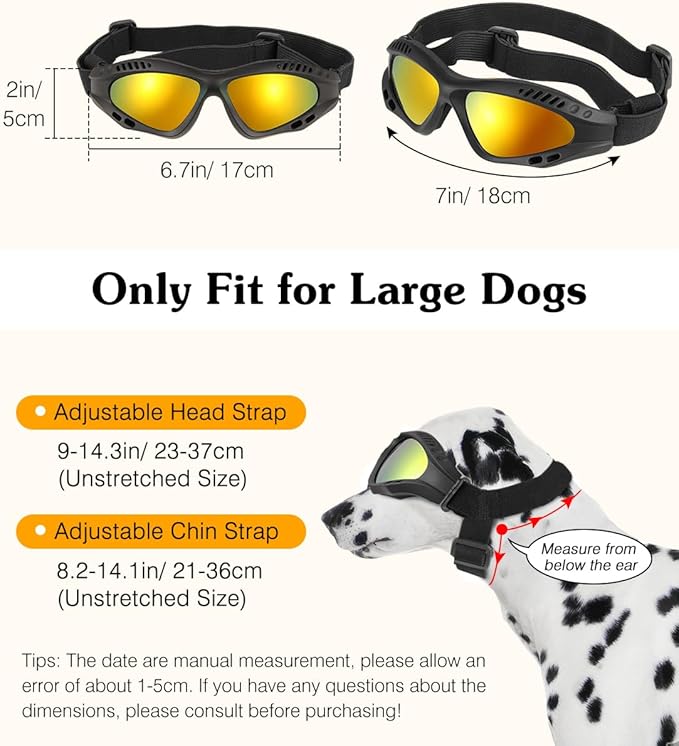 Dog Goggles Large Breed, UV Protection Dog Sunglasses with Sponge Pad and Adjustable Strap, Windproof Dustproof Anti-Fog Eye Protection Glasses for Outdoor Driving Riding, Black