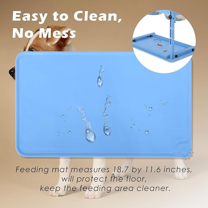 SHAINFUN Blue Raised Dog Bowl Stand with Two 1700ml Stainless Steel Food Bowl, a Slow Feeder and Spill Proof Mat, Adjustable Elevated Dog Bowls for Large Medium and Small Breeds