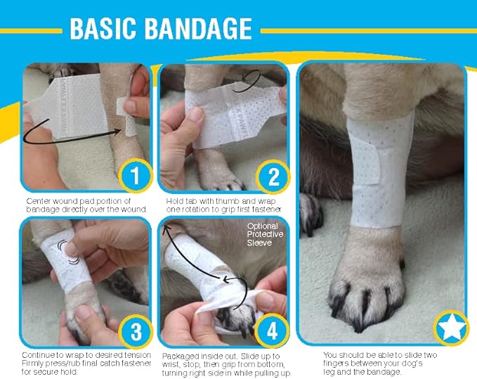 Basic Leg Bandages for Dogs, Cats, Pets -First- aid Non Adhesive Fur Friendly, Soft Stretch Wound Care, hot Spots, Fungus, Adjustable Fastening Strap Value Pack (Medium 12-Pack)