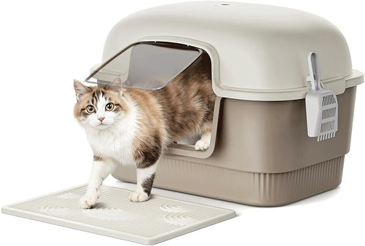 Cat Litter Box with Litter Mat and Scoop,High Wall Enclosed Cat Litter Boxes for Anti-Leakage, Covered Kitty Litter Box with Handle and Buckles for Portability and Privacy, Odor Control (Brown)