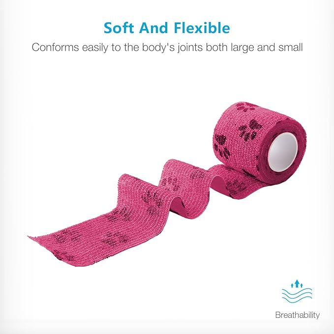 WePet Pet Wrap, Self-Adhesive, Only Sticks to Itself, Non-Woven Tape for Dog Legs, Paws, Wounds, First Aid Cohesive Gauze for Horse, Cat, Bird, Animal, 6 Rolls, 2 Inch, Pawprints B