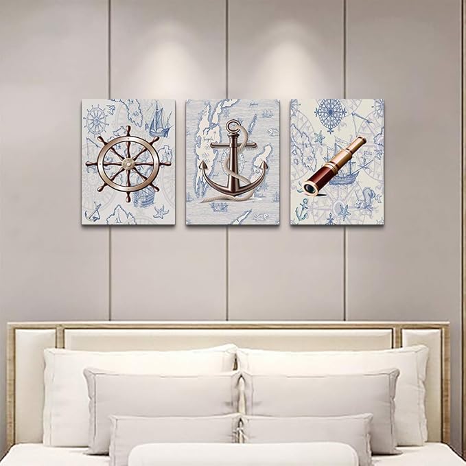 ocean theme steering wheel telescope ship pendant Canvas Prints bathroom Wall Art for Bedroom Wall decor Artworks Pictures wall decorations for living room,3 piece Home decor kitchen wall paintings