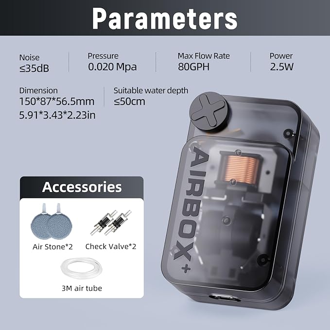 Air Pump Aquarium,Ultra-Silent/Small Size/More Output Aerator for Fish 2.5w/80GPH/18Kpa,with Air Stone Bubbler,Adjustable Airflow,Dual Outlet Suitable for 60-90 Gallon Fish Tank