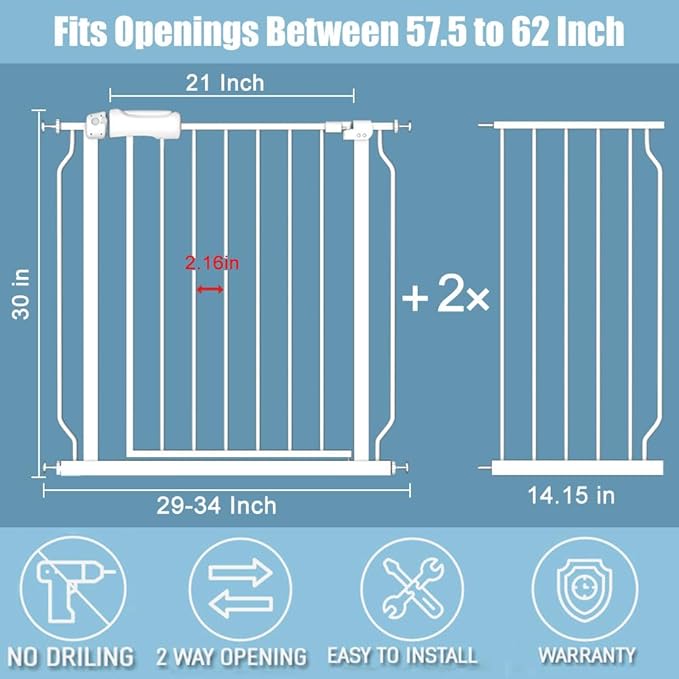 57.5-62 Inch Extra Wide Baby Gates for Stairs Doorways Pressure Mount No Drill Dog Pet Gate Automatic Close Child Safety Gate for Toddler Kids Pets