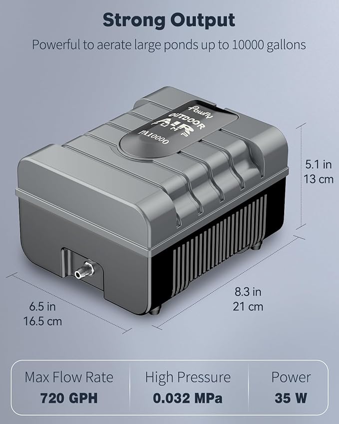Pawfly Pond Air Pump Outdoor Oxygen Pump for Fish Koi Ponds 3000 to 10000 Gallons Adjustable Pond Garden Aerator Pump Kit with Airline Tubing Control Lever Valves Air Stones and Check Valves