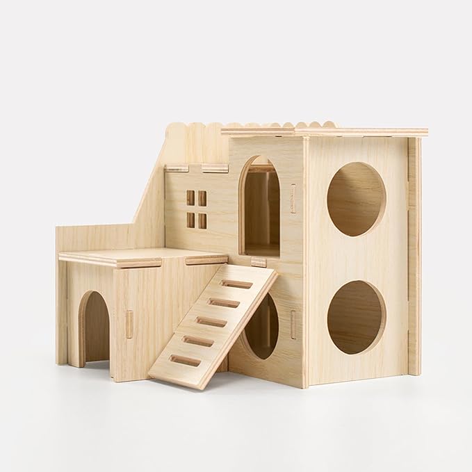 Multi-Chamber Hamster Hideout & House, Natural Wood Small Animal Cage Accessories for Dwarf Hamsters, Gerbils and Mice – Ventilated Design with Structure