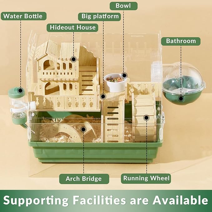 Cycodo 8 in 1 Acrylic Hamster Cage,2-Tier Dwarf Hamster Cage with Wooden Wheel & Hideout,Small Hamster Habitat with Accessories,Clear Pet Mice House(Green,14" L*10" W*11" H)