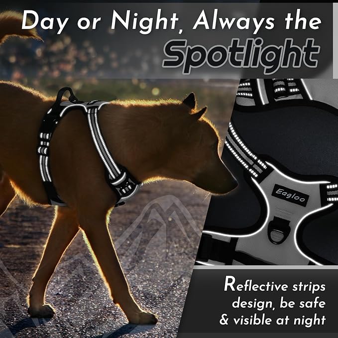 Eagloo Dog Harness Small Sized Dog, No Pull Service Vest with Reflective Strips and Control Handle, Adjustable and Comfortable for Easy Walking, No Choke Pet Harness with 2 Metal Rings, Grey, S