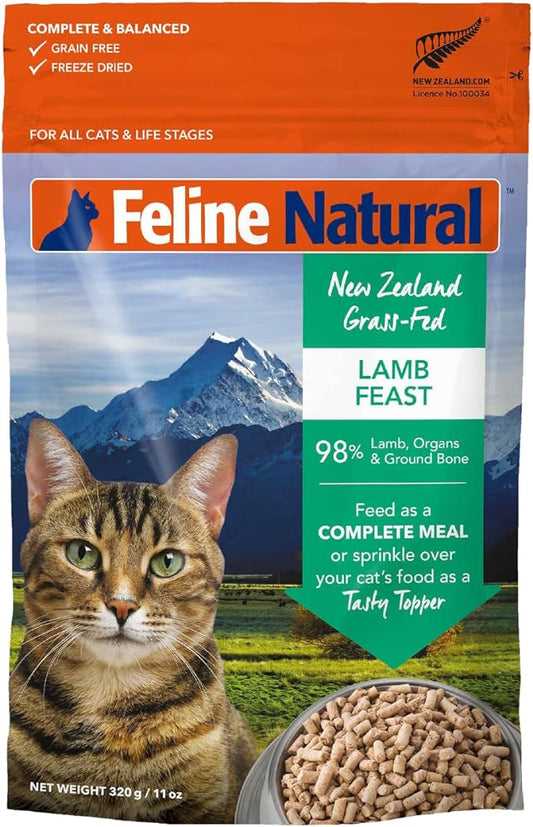 Feline Natural High Protein Dry Cat Food, Freeze-Dried Diet with 98% Meat, Organs & Seafood, No Peas, Grains, or Artificial Additives, Made in New Zealand, Lamb, 11oz