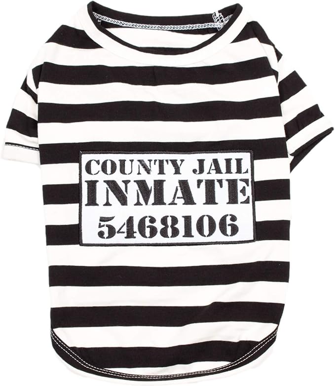 Parisian Pet - Medium Dog Shirt - Black & White Striped - Cotton & Polyester - Sleeved & Lightweight - Prisoner Dog Theme (Medium)