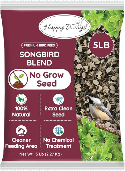 Songbird Blend Bird Food, Mix of Sunflower Seeds/Kernels, Safflower Seeds and Peanuts, 5 Pounds | No Grow Seed | Bird Seed for Wild Birds