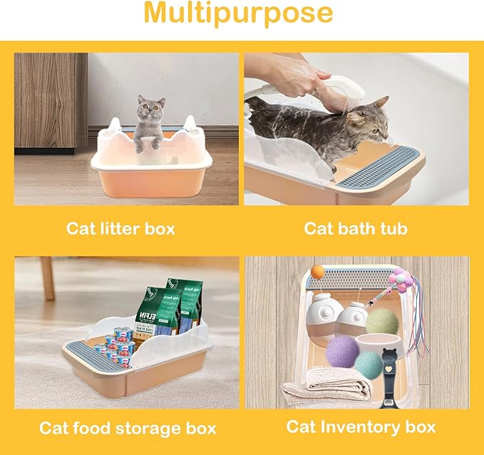 Open Cat Litter Box with High Side,Anti-Splashing Cats Litters Pan,Kitten Toilet with Litter Sifting Scoop,Semi-Enclosed Removable Kittens Litter for Boxes Easy to Clean No Odork(Khaki)