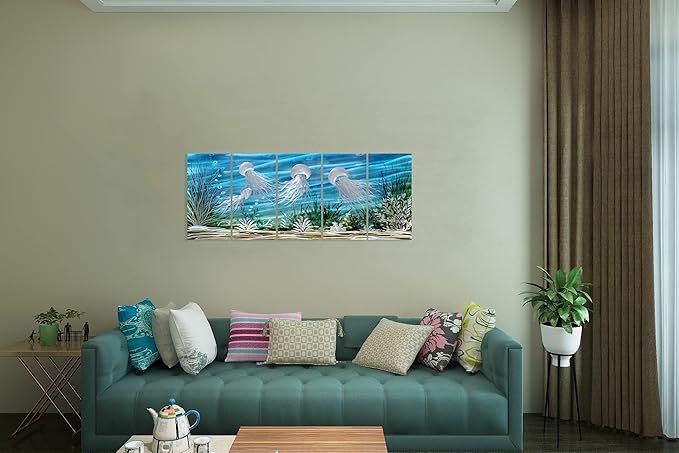 SYGALLERIER Coastal Metal Wall Art Handcrafted 3D Jelly Fish Aluminum Artwork Modern Sea World Pictures Contemporary Abstract Sculpture for Living Room Bedroom Bathroom Decor