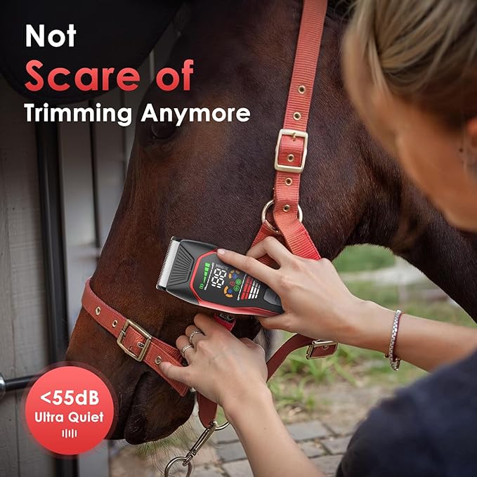 Horse Clippers,Quiet 2-Speed Horse Grooming Clippers,Rechargeable Pet Shaver for Matted Long Hair,Cordless Wide-Blade Powerful Horse Trimmer Kit for Thick Coat #066 Red