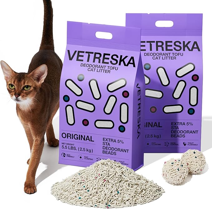 VETRESKA Tofu Cat Litter,Kitty Litter Flushable Strong Clumping Cat Litter Pellets Ultra Absorbent,Dust-Free Tofu Litter,Original(5.5lb×2bags)
