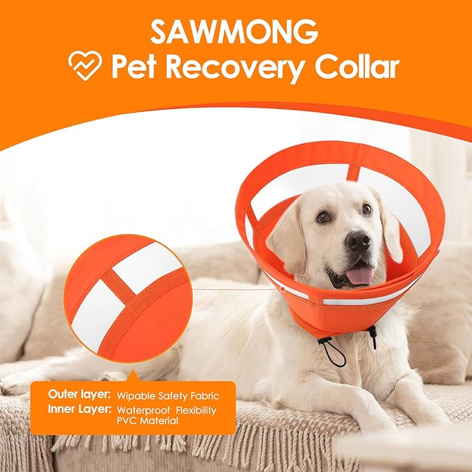 SAWMONG Soft Dog Cones for Medium Dogs, Adjustable Pet Recovery Collar to Stop Licking, Dog Cone Collar, Comfy Elizabeth E-Collar for Dogs After Surgery Alternative (M,Orange)