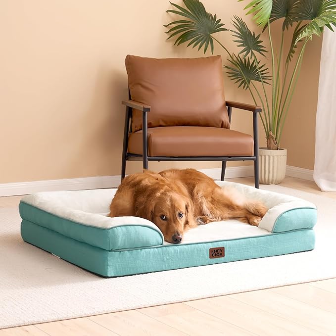 EHEYCIGA Orthopedic Dog Beds for Extra Large Dogs, Waterproof Memory Foam XXL Dog Bed with Sides, Non-Slip Bottom and Egg-Crate Foam Big Pet Couch Bed with Washable Removable Cover, Turquoise Blue