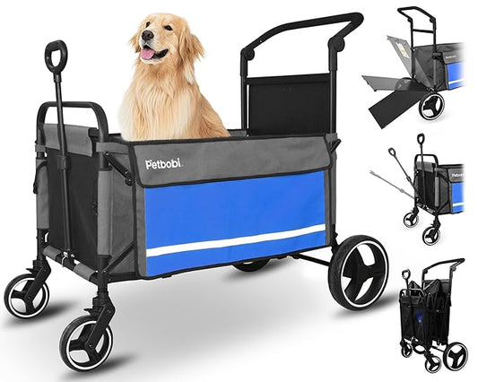 Petbobi Dog Wagon Stroller for Large & Medium Dogs - 2-in-1 Push-Pull Pet Stroller with Ramp, Foldable All Terrain Wagon Cart, One-Step Brake, Suitable for Outdoor Walks & Camping, Blue