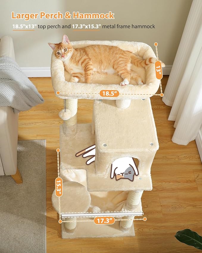 PETEPELA 45.7" Cat Tree for Indoor Cats, 5-Level Cat Tower for Large Cats with Metal Frame Large Hammock (17.3"x15.3"), Cat Condo with (18.5"x13") Big Top Perch & 4 Sisal Covered Scratching Post Beige
