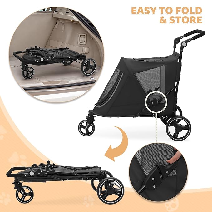 Magshion Pet Stroller for Medium Dogs w/Adjustable Handle, 3-Wheel Dog Cat Wagon w/Dual Entry, Rear Storage, Breathable Mesh, One-Foot Brake, Ideal for Large Pets up to 55 lbs, Black