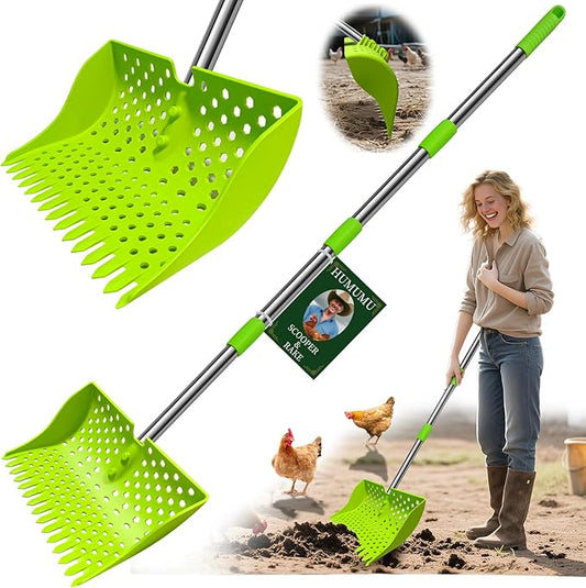 12-Inch 2-in-1 Chicken Poop Scooper & Rake – US Patent Pending – 3-Shape Sifting Holes Chicken Coop Rake，Stainless Steel Handle （20–61"）– Litter Scoop Sand & Sifting Shovel for Chicken Coops(Green)