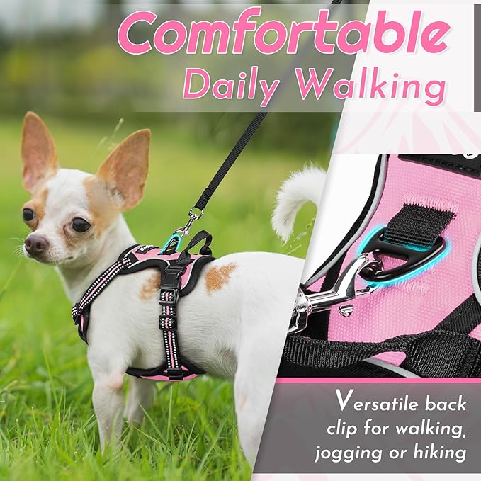 Eagloo Small Dog Harness No Pull, Service Vest with Reflective Strips and Control Handle, Adjustable and Comfortable for Easy Walking, No Choke Pet Harness with 2 Metal Rings, Pink, XS