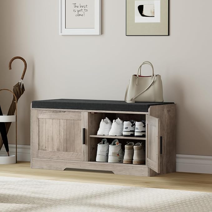 2-Tier Storage Bench, Shoe Bench with Thickened Padded Seat Cushion, Entryway Bench with 2 Doors, Adjustable Shelf, 13.8" D x 37.4" W x 18.5" H, for Entryway, Living Room, Bedroom, Greige