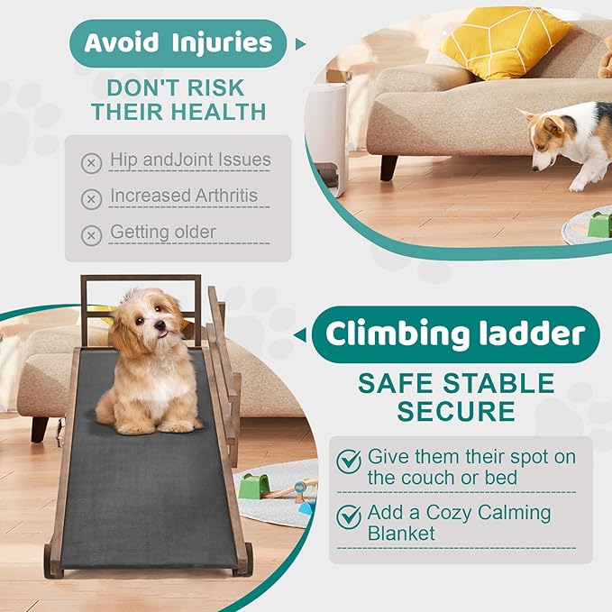 Dog Ramp for Bed, Adjustable Pet Ramps for Dog to Get on Bed, Non-Slip Rubber Surface - Folding Wooden Dog Ramp for Small/Large/Old Dogs, Adjustable up to 31 inch High Beds, Safety Railings