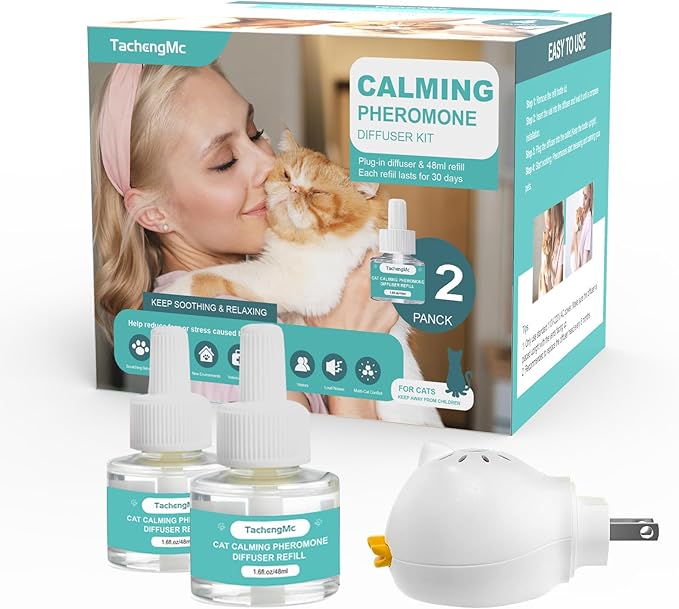 Cat Calming Diffuser, Cat Pheromones Calming Diffuser with 1 Diffuser + 2 Refills 48ml, Cat Anxiety Relief Cat Pheromone Diffuser Kit 60 Days, Pheromone Diffuser to Calm Cats