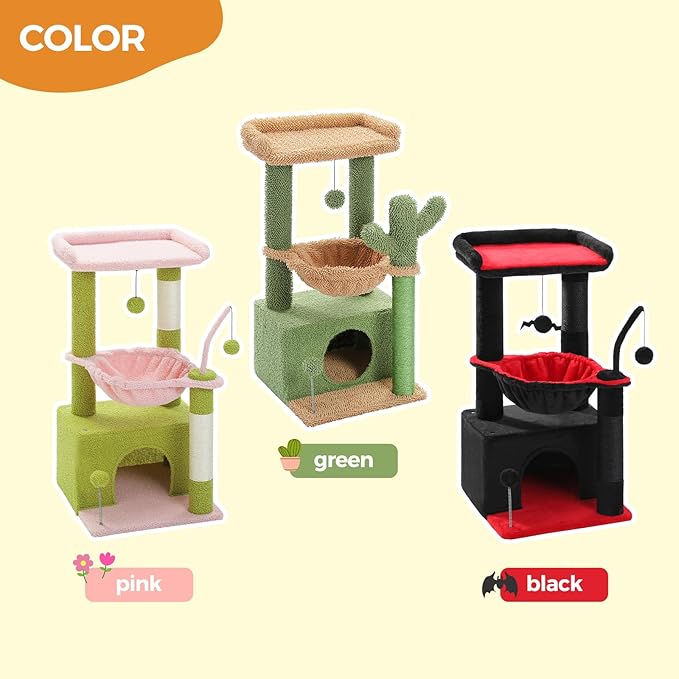 PEQULTI 4-in-1 Multi-Level Cat Tower, 33'' Pink Cat Tree for Indoor Cats with Large Condo, Scratching Post for Cats with Deep Hammock& Cozy Top Perch