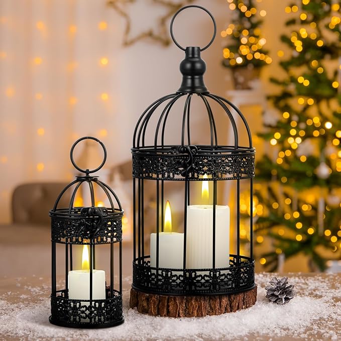 Sliner 4 Pcs Bird Cage Decorative Candle Holder Vintage Candle Holder Cage Lanterns Model for Modern Table House Home Decoration(Black)