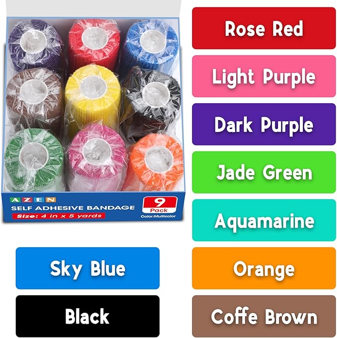 AZEN 9 Pack Self Adhesive Bandage Wrap, 4" X 5 Yards Elastic Cohesive Bandage Wrap, Color Athletic Tape, Tattoo Grip Tape Wrap, Vet Wrap, Ankle Tape