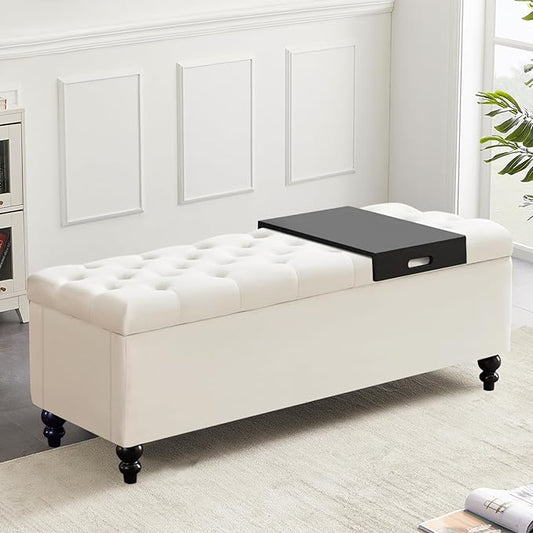 Ottoman with Storage,50.2-inch Upholstered End of Bed Storage Bench for Bedroom,for The Living Room,for Entryway, with Tray & Button and Safety Hinges,Detachable (White)