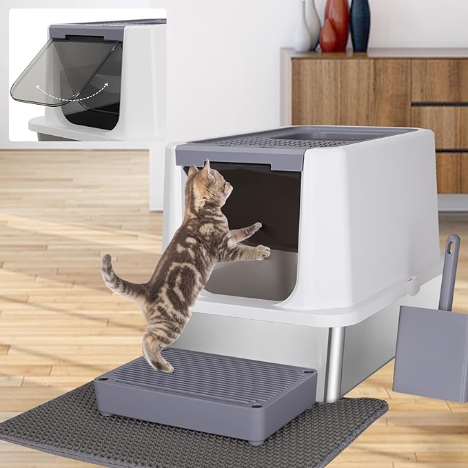 RIZZARI Stainless Steel Cat Litter Box, Odorless Enclosed Litter Box with Top Holes, Large Litter Pan for Small to Large Sized Cats (Light Gray, 23.8" L*15.9" W*16.1" H)