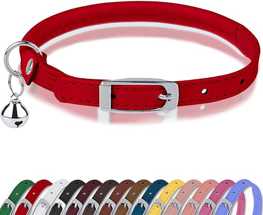 OOPSDOGGY Rolled Leather Cat Collar with Bell, Reflective Kitten Collars with Buckle Include Safety Elastic Strap - Adjustable Small Pet Collars for Boy Girl Cats (Red)
