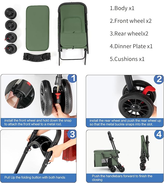 Pet Stroller Cat Dog Stroller Travel Folding Pet Carriers（Green）