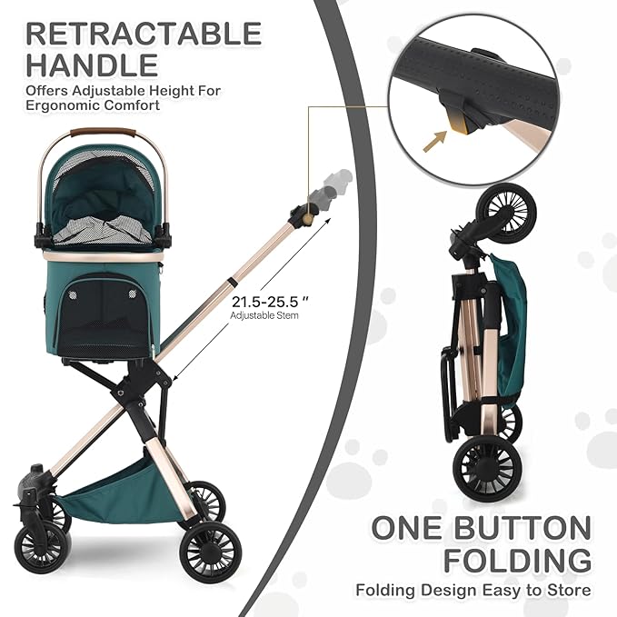MoNiBloom 3 in 1 Pet Stroller with Adjustable Handle, Jogging Stroller w/Detachable Carrier & Lightweight Aluminum Frame for Dogs Cats, Hunter Green